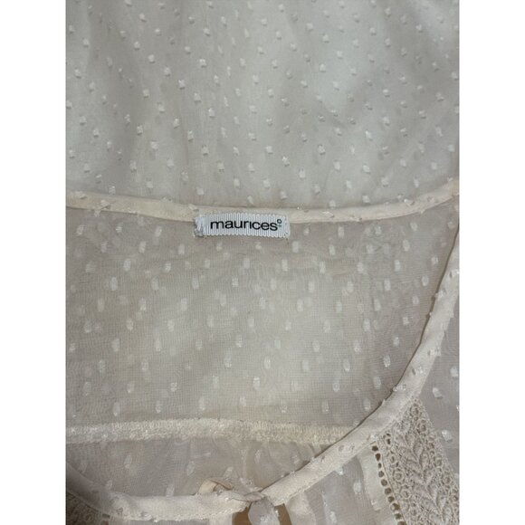 Maurices Size M Womens Sheer Polka Dot Cream Relax Blouse With Crochet Detail - Picture 9 of 9